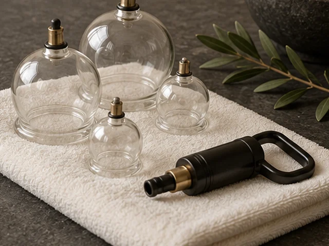 Cupping equipment illustration with clear suction cups and a manual pump on ivory linen