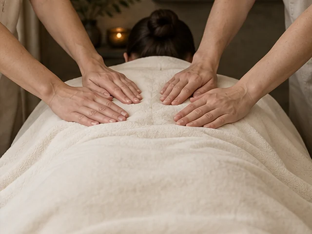Illustrative four hands massage with two therapist pairs of hands over ivory linen