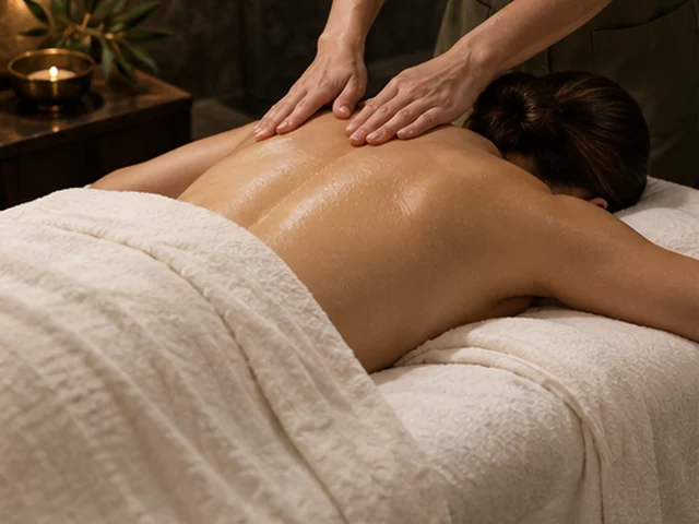 Illustrative body massage with shoulder care and modest ivory linen draping