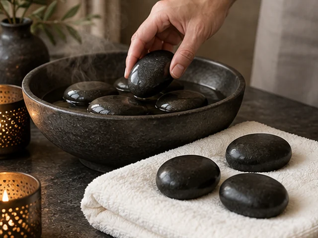Hot stone massage illustration with smooth black stones, a ceramic bowl and ivory towel