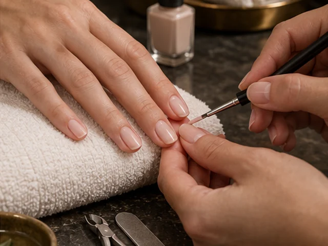 Illustrative manicure with neatly shaped nails, a fine brush and nail tools