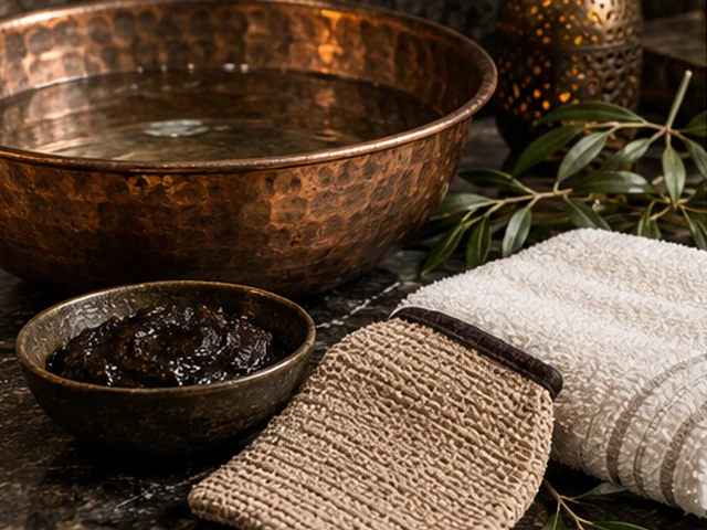 Moroccan bath illustration with a copper bowl, black soap, exfoliation mitt and ivory towels