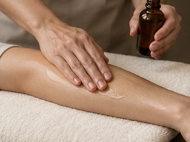 Illustrative oil massage with an amber oil bottle and gentle forearm care