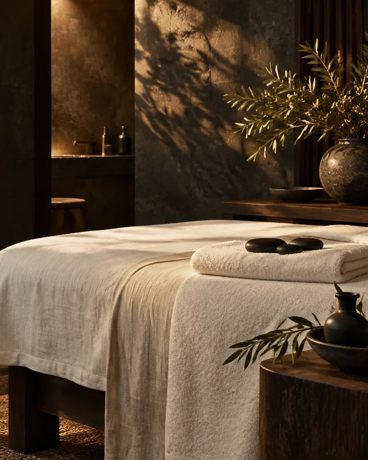 Ivory linen and olive branches in warm spa lighting