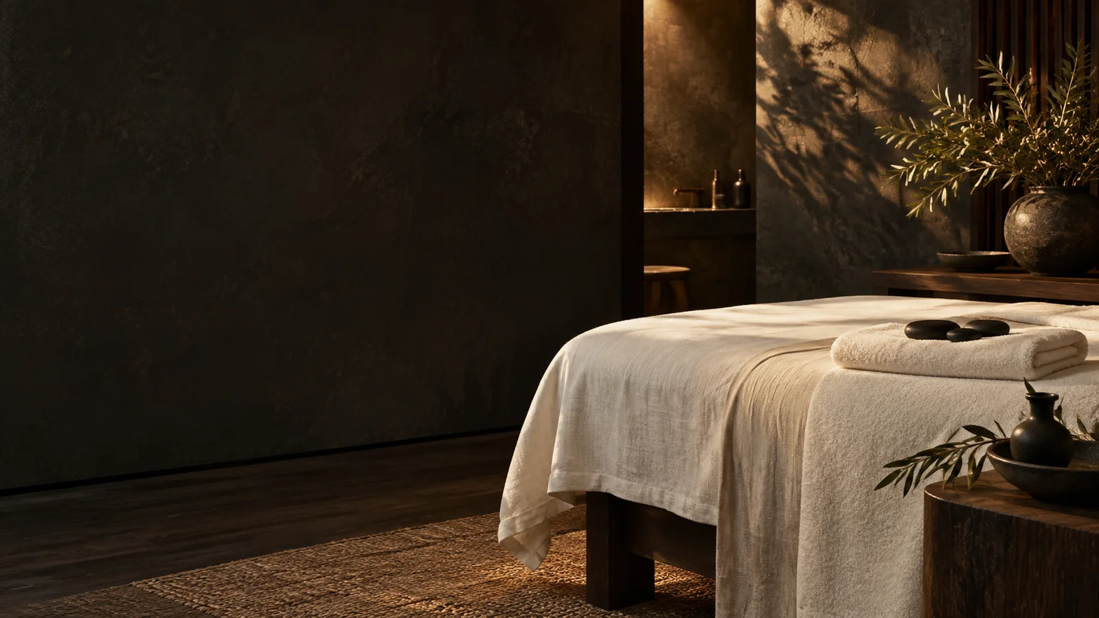 Warm spa atmosphere with ivory linen, olive branches and hot stones