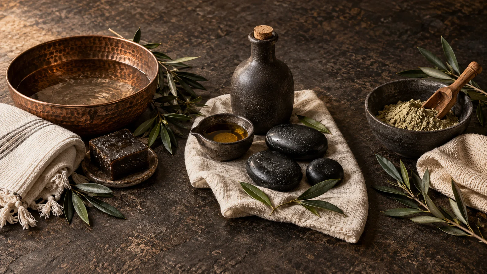 Spa still life with copper bowl, hot stones, massage oil and herbal bowl