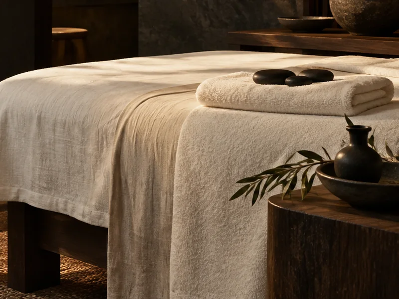 Hot stones, soft linen and a dark ceramic oil vessel