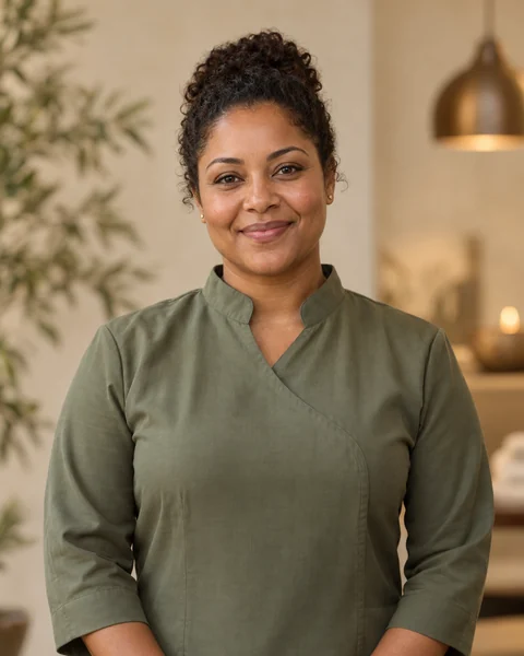 Illustrative spa team portrait in an olive uniform
